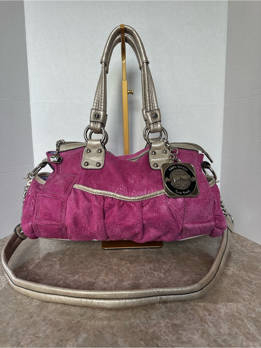 Y2K 2000s Kathy Van Zeeland Hot Pink Metallic Hobo Bag Satchel McBling Glam Rock